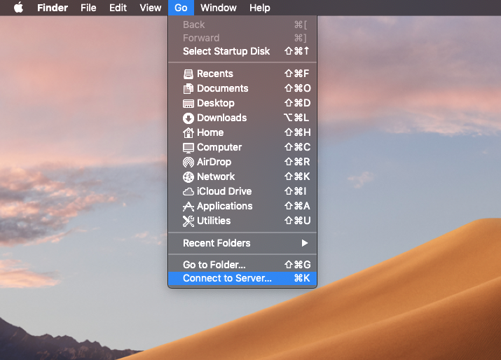 Connect to Server option in Finder menu